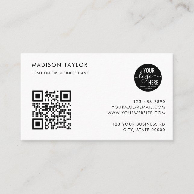 Stylish Custom Company Logo QR Code Minimalist Business Card (Front)