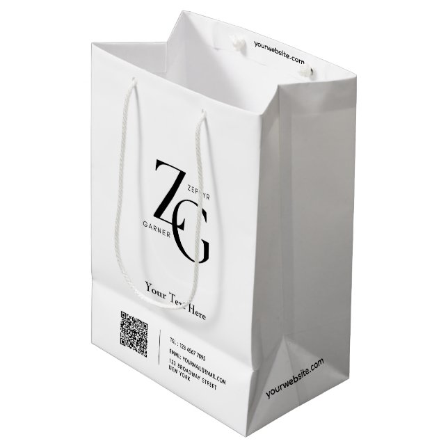 Stylish Custom Logo | QR Code Business White Medium Gift Bag (Front Angled)
