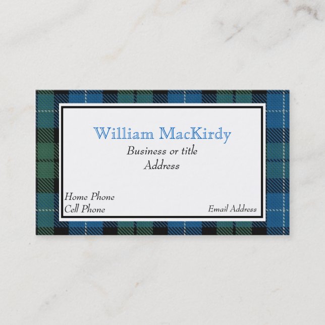 Stylish Custom MacKirdy Scottish Tartan Plaid Business Card (Front)