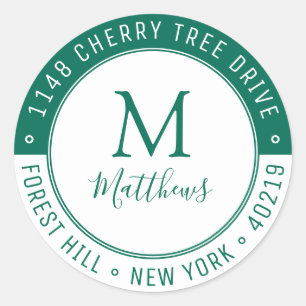 Stylish Custom Monogram Last Name & Return Address Classic Round Sticker
