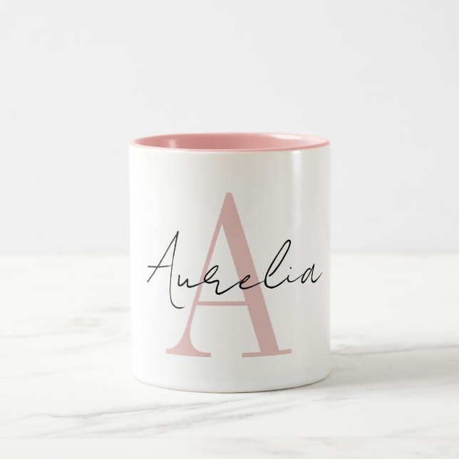 Stylish Custom Monogram Name Script Calligraphy Two-Tone Coffee Mug (Center)