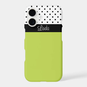 Stylish Custom Name Green, White Black Polka Dots