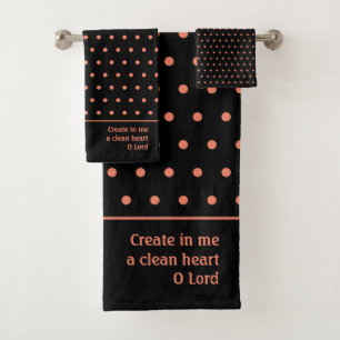 Stylish Customisable SALMON Polka Dot Black Bath Towel Set