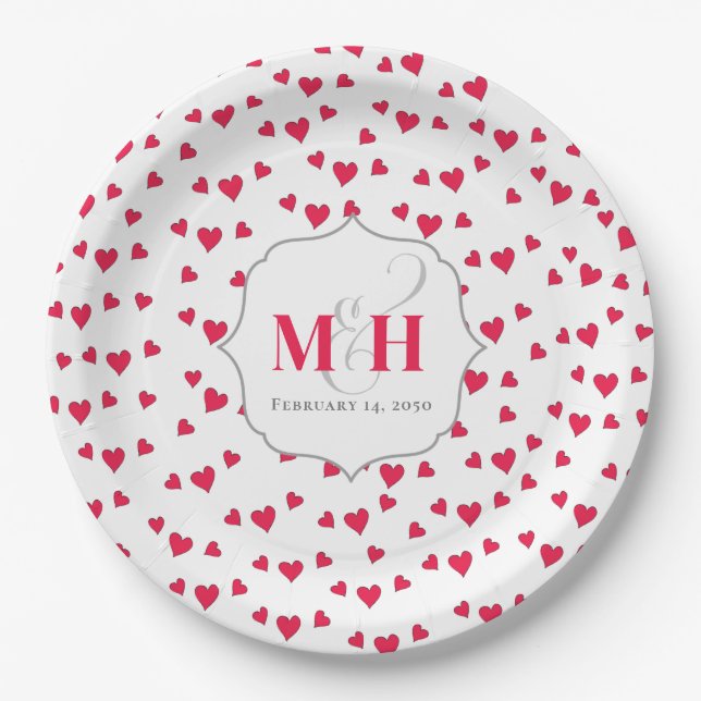 Stylish Cute Monogram Whimsical Simple Hearts   Paper Plate (Front)
