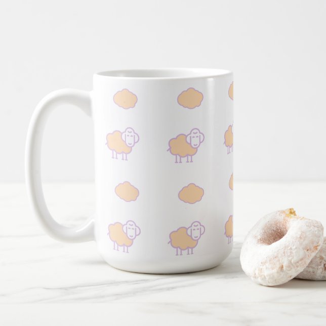 Stylish Cute Pink Sheep With Clouds Pattern Coffee Mug (With Donut)