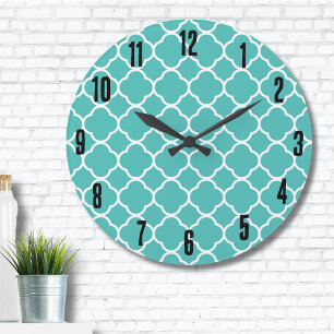 Stylish Cute Teal Turquoise Moroccan Print Pattern Large Clock