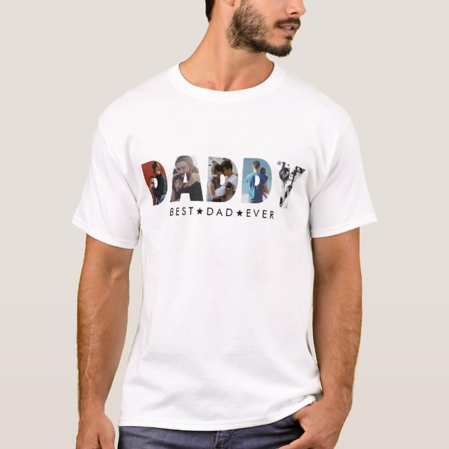 Stylish DADDY 5 Photo Collage Happy Father's Day T-Shirt (Front)