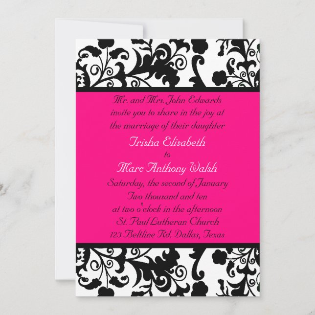 Stylish Damask & Bright Pink Wedding Invitation (Front)