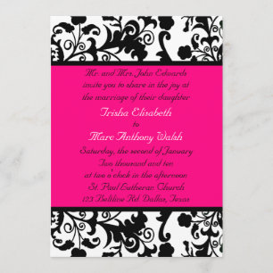 Stylish Damask & Bright Pink Wedding Invitation