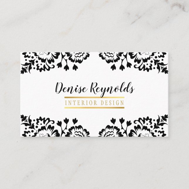 STYLISH DAMASK elegant lace gold black white Business Card (Front)