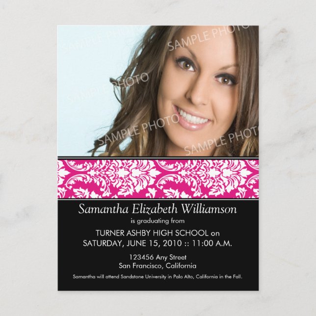 Stylish Damask Graduation Announcement (pink) 3 (Front)