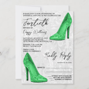 Stylish Damask, Green Stilettos 40th Birthday Invitation