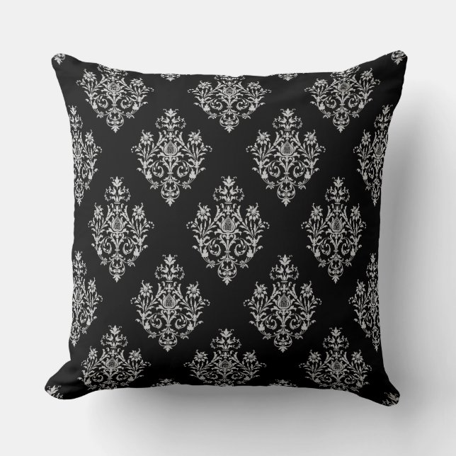 Stylish Damask Pattern Black Cushion (Front)