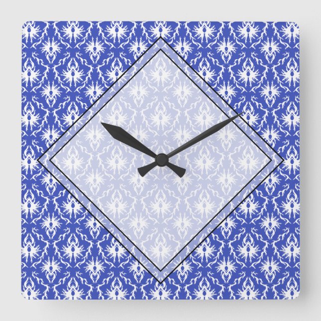Stylish damask pattern. Blue and white. Square Wall Clock (Front)