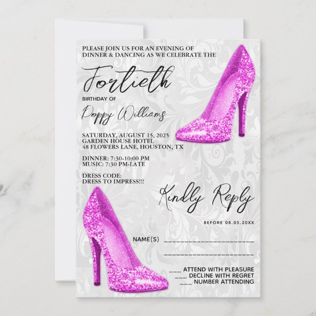 Stylish Damask, Pink Stilettos 40th Birthday Invitation (Front)