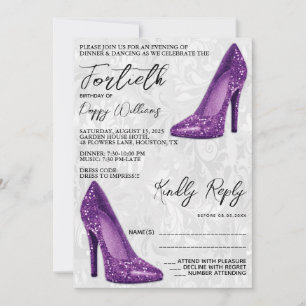 Stylish Damask, Purple Stilettos 40th Birthday Invitation