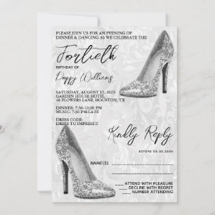 Stylish Damask, Silver Stilettos 40th Birthday Invitation