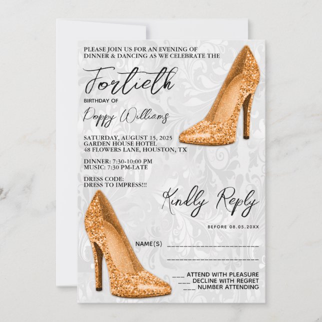 Stylish Damask, Terracotta Stilettos 40th Birthday Invitation (Front)