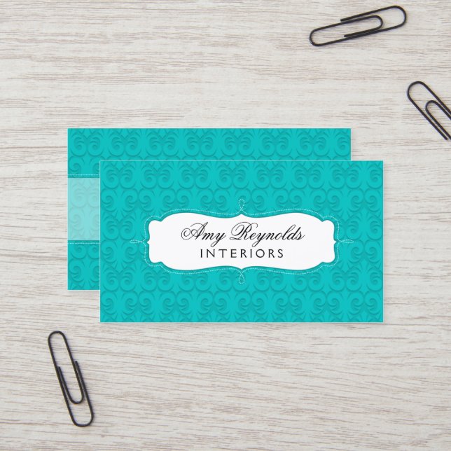 Stylish Damask Turquoise Business Card (Front/Back In Situ)