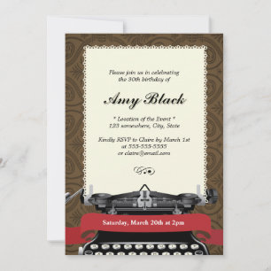 Stylish Damask Typewriter Birthday Invitations