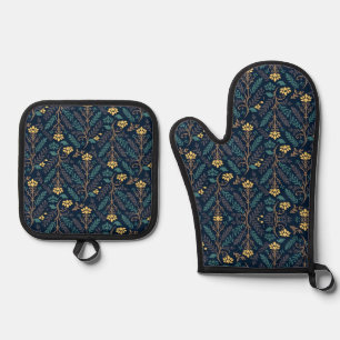 Stylish Dark Blue Fabric Pattern with Floral Oven Mitt & Pot Holder Set