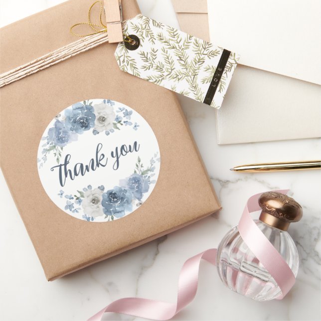 Stylish Dark Blue Ivory Floral Thank You Classic Round Sticker (Gifting)