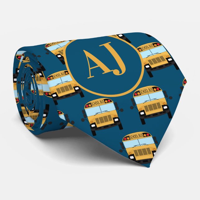 Stylish Dark Blue Monogrammed School Bus Driver Tie (Rolled)