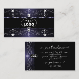 Stylish Dark Blue White Ornate Borders with Logo Business Card