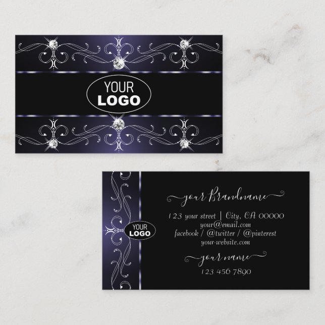 Stylish Dark Blue White Ornate Borders with Logo Business Card (Front/Back)