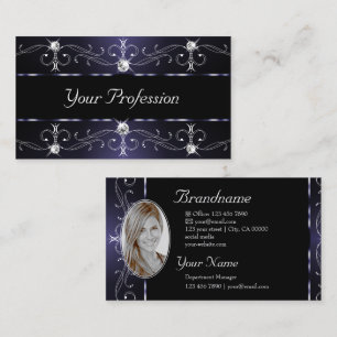 Stylish Dark Blue White Ornate Borders with Photo Business Card