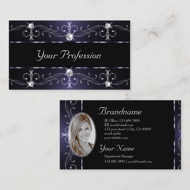 Stylish Dark Blue White Ornate Borders with Photo Business Card (Front/Back)