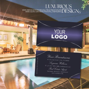 Stylish Dark Blue with Chic Silver Border and Logo Business Card