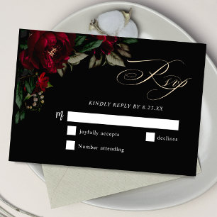 Stylish dark gothic red green floral moody wedding RSVP card