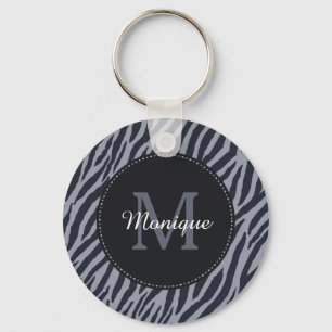 Stylish Dark Gray Zebra Print Monogram and Name Key Ring