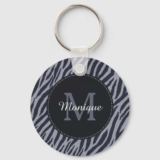 Stylish Dark Gray Zebra Print Monogram and Name Key Ring (Front)