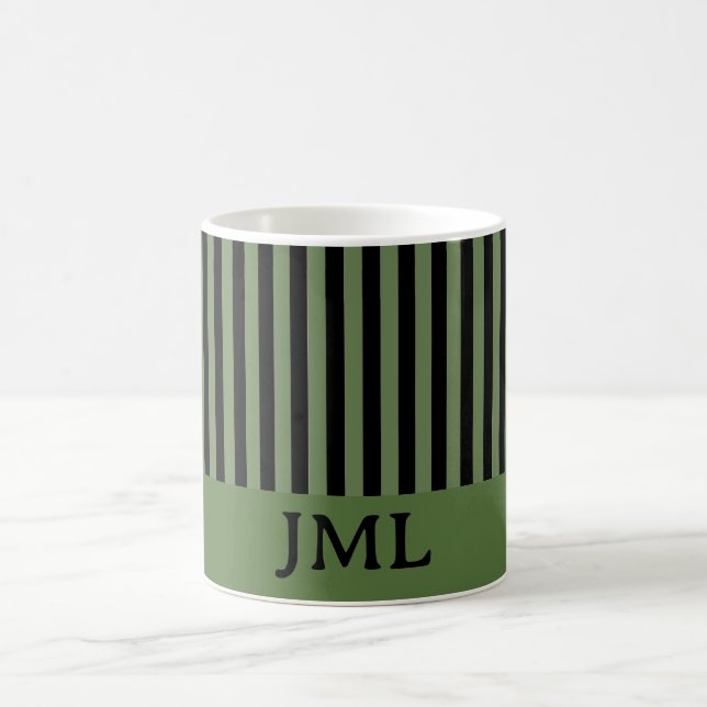 Stylish Dark Green and Black Stripes Monogram  Coffee Mug (Center)