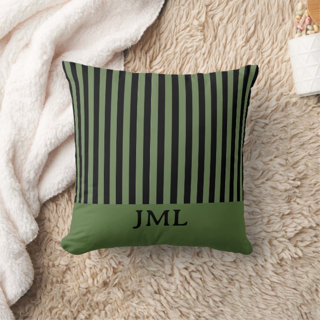 Stylish Dark Green and Black Stripes Monogram  Cushion (Blanket)