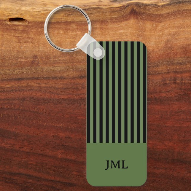 Stylish Dark Green and Black Stripes Monogram Key Ring (Front)
