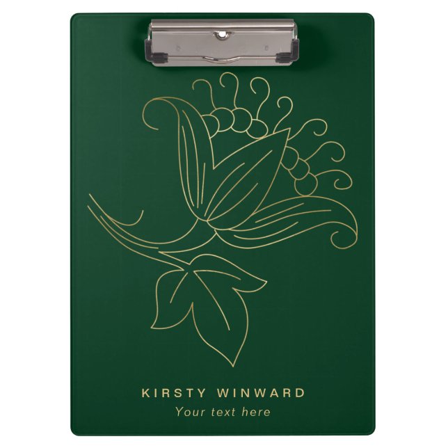 Stylish Dark Green and Gold Botanical Flower Clipboard (Front)