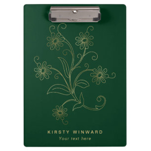 Stylish Dark Green and Gold Botanical Flowers Clipboard