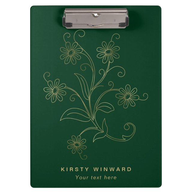 Stylish Dark Green and Gold Botanical Flowers Clipboard (Front)