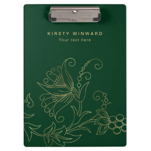 Stylish Dark Green and Gold Botanical Flowers Clipboard