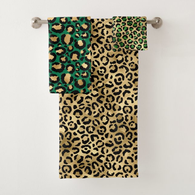 Stylish Dark Green and Gold Foil Leopard Spots Bath Towel Set (Insitu)