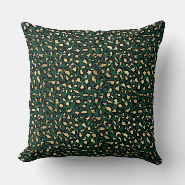 Stylish Dark Green and Gold Foil Leopard Spots Cushion (Front)