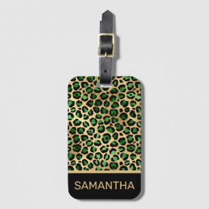 Stylish Dark Green and Gold Foil Leopard Spots Luggage Tag