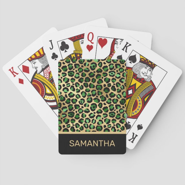 Stylish Dark Green and Gold Foil Leopard Spots Playing Cards (Back)