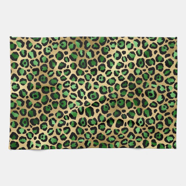 Stylish Dark Green and Gold Foil Leopard Spots Tea Towel (Horizontal)