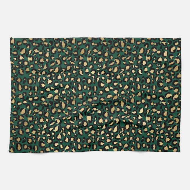 Stylish Dark Green and Gold Foil Leopard Spots Tea Towel (Horizontal)