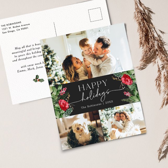 Stylish Dark Grey Botanical 3 Photo Holiday Postcard (Creator Uploaded)