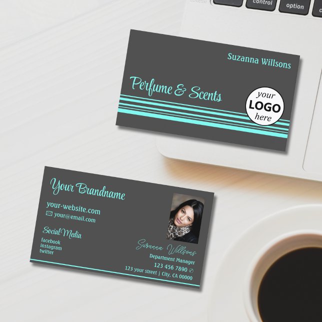 Stylish Dark Grey Teal Stripes with Logo and Photo Business Card (Creator Uploaded)